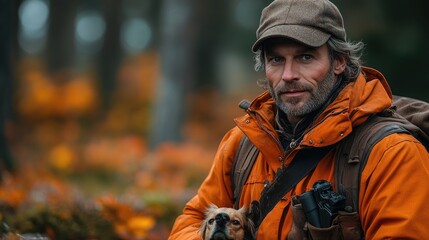 hunter man with dog in traditional shooting clothes on field holding shotgun.jpg