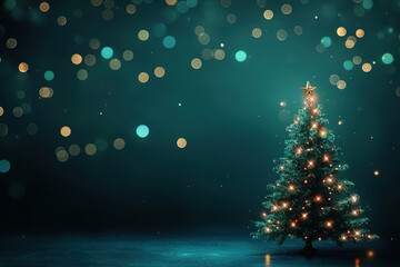 christmas tree with bright baubles and a background of shimmering lights that are softly blurred