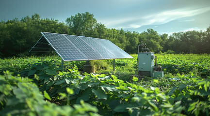 Wall Mural - A solar-powered pump in a green field with solar panels, capturing the reflective surfaces of the panels and lush greenery. Generative AI.