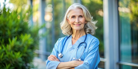 Soothing midlife woman doctor, calm and compassionate, gentle touch, blue skies of reassurance, comforting words, and a listening ear.