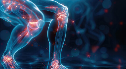 Leinwandbilder - Blue 3D x-ray of knee and body pain, illustrating injuries to joints and bones, arthritis inflammation, and broken tendons in athletes, with prominent red pain markers. Generative AI.