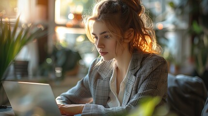 Fototapete - A young woman in a business suit working on a laptop in a modern office, illuminated by natural light. Generative AI.