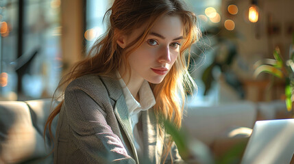 Fototapete - A young woman in a business suit working on a laptop in a modern office, illuminated by natural light. Generative AI.