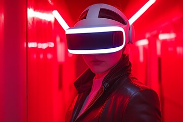 Sticker - Futuristic portrait of a woman in neon lit environment with a sleek VR headset embodying the essence of cyberpunk fashion and cutting edge virtual reality in a vibrant high tech world