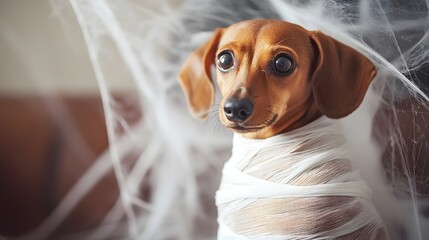 Wall Mural - Adorable Dachshund Dressed as Mummy with Cobwebs in the Background   A cute and quirky photograph of a small Dachshund dog wrapped in white bandages like a mummy with spooky cobwebs in the background