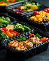 Healthy meal prep containers filled with grilled chicken, vibrant vegetables, and fresh ingredients for balanced nutrition.