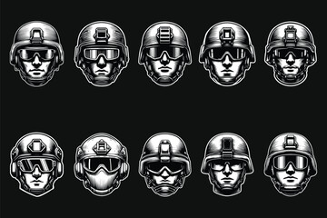 Wall Mural - Dark Art Soldier Military Helmet Head Black and White Illustration