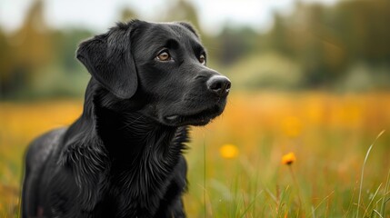 a black dog in a green field, its curious face turned to the side, with soft summer grass beneath it