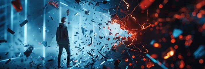 Leinwandbilder - A hacker is breaking through a digital shield, causing fragments to scatter in a dynamic cybersecurity landscape filled with vivid lights. Generative AI