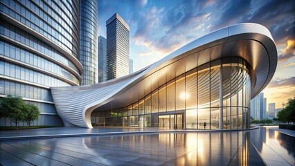 Sleek modern steel architecture curves reflective surfaces abstract minimalist composition high-key bright whites creams atmospheric diffused light subtle shadows commercial building façades