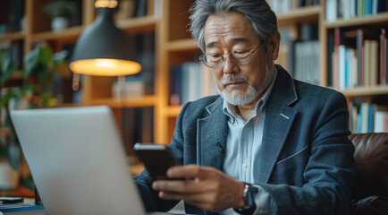 Aufkleber - Senior Businessman Using Smartphone and Laptop, A middle-aged Asian businessman working online in his office. Generative AI.