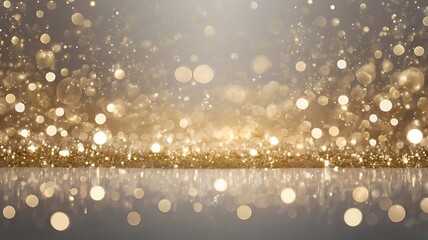 Bokeh lights background illustration wallpaper, shining blurry defocused golden and white lights on white background, celebration and anniversary concept