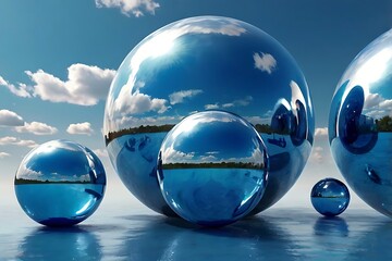 graphical landscape fantasy design with bubble shaped swirl liquid blue floating on water and air ab