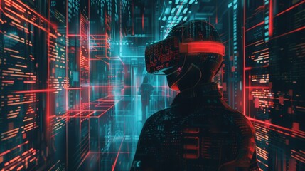 Aufkleber - A hacker wearing a VR headset navigates a virtual environment filled with glowing digital locks and streaming codes. Generative AI