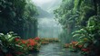 © Neuraldesign - A tranquil tropical jungle river with red flowers and green vegetation leading to a hidden lake surrounded by towering trees.