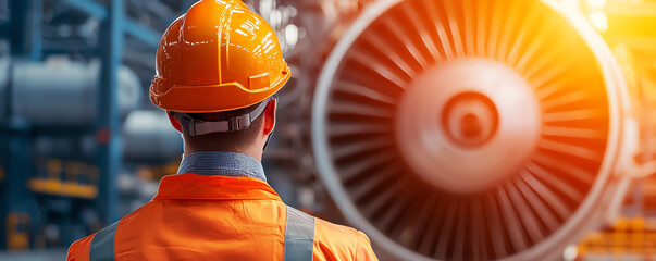 An engineer in an orange uniform and helmet examines a jet engine in an industrial facility, symbolizing aviation technology.