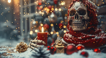 Aufkleber - Skeleton grill, red scarf, Christmas tree gift. Generative AI.