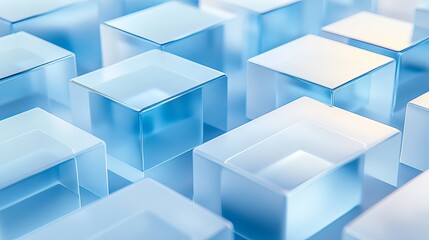 Wall Mural - Blue glass cubes arranged in a structured pattern with soft lighting