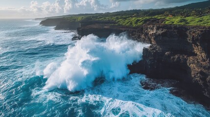 Canvas Print - Dramatic Aerial Shot of Waves Colliding with Cliffs