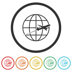 Poster - Travel icon with plane and planet. Set icons in color circle buttons