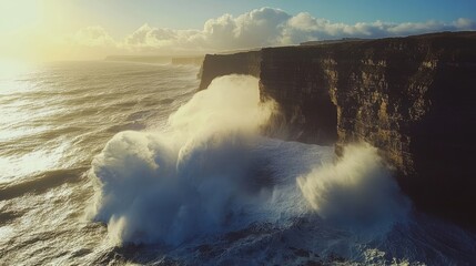 Canvas Print - Dramatic Aerial Shot of Waves Colliding with Cliffs