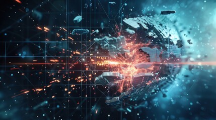 Aufkleber - A hacker disrupts a digital shield as fragments fly, symbolizing a cybersecurity breach and the chaos of penetration testing. Generative AI