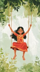 Joyful Indian Woman on Swing: Simple Illustration for 2025 Celebration. Abstract Cultural Festivity Design with Elegant Minimalist Composition. AI-Generated 4K Wallpaper for Marketing, UI, and Posters