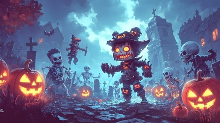 Poster - Halloween Night Cemetery with Skeletons and Jack-o-Lanterns