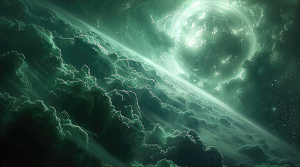 Aufkleber - Illustration of an empty universe, dramatic perspective, dark cool green colors, mysterious atmosphere, dark green. Generative AI.