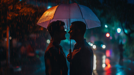 A tender moment shared by two intimately connected individuals huddled under an umbrella, lost in a romantic atmosphere as gentle rain creates warmth and closeness, enveloping them in joy