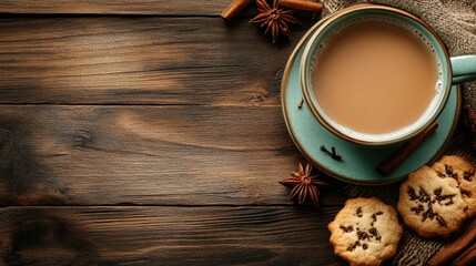 Top view of a steaming cup of chai with spices and a biscuit on a traditional wooden table. Copy space.