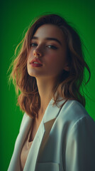 Close up portrait of young woman with glowing skin and modern elegance confident beauty in a chic fashion setting with vibrant lighting and a serene expression studio shot