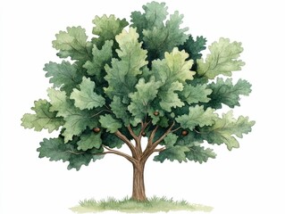 Vibrant watercolor painting of an oak tree with acorns and green leaves isolated on a clean white background  This botanical has a peaceful natural aesthetic perfect for design projects background