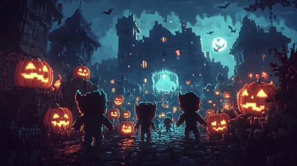 Poster - Halloween Night in a Pixelated Castle Town