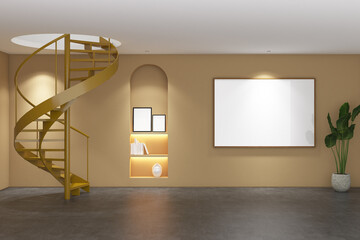 Wall Mural - 3d render of yellow iron spiral staircase mockup with shelves display, minimal design. Gray cement floor, yellow wall and white ceiling. Set 5