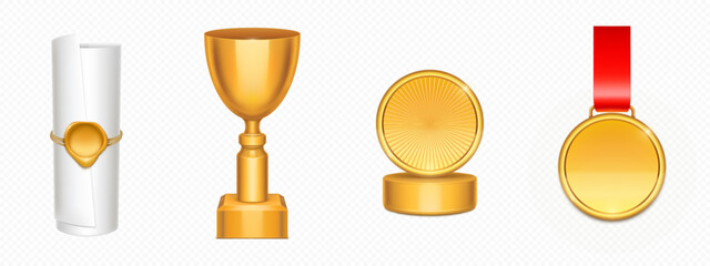 Gold winning and achievement awards. 3d realistic vector set of golden trophy and success prize - diploma or certificate with seal stamp, champion cup and goblet, first place medal on red ribbon.