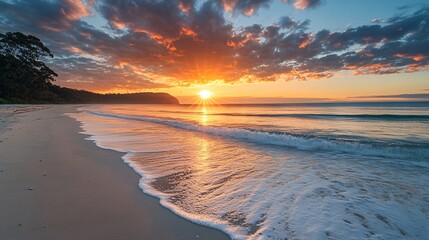 Wall Mural - Beautiful rare morning glory clouds above a quiet Australian beach, enhancing the tranquil sunrise. Concept: Rare phenomenon, beach serenity, morning sky.