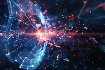 Poster - A hacker breaches a digital shield, causing fragmentation and chaos as pieces of the firewall scatter in a dramatic cybersecurity display. Generative AI