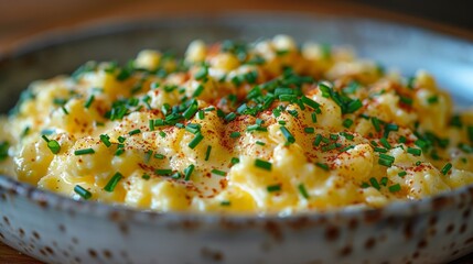 Canvas Print - Get close-up shots of a plate of fluffy scrambled eggs, featuring creamy texture and a sprinkle of fresh herbs.