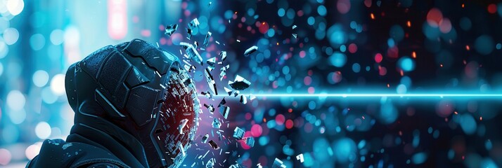 Poster - a hacker breaches a digital firewall, scattering fragments around while navigating through virtual s