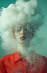 Wall Mural - A woman with a cloud like head, wearing a red shirt, stands in a surreal environment