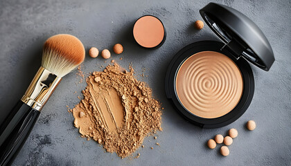 Wall Mural - Bronzer, powder, blusher and brush on grey textured table, flat lay isolated with white highlights, png