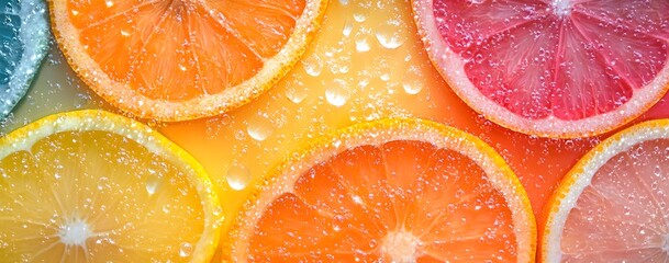 A vibrant and colorful background of oranges, grapefruits, and lemons, with clear water droplets on the fruit slices. 