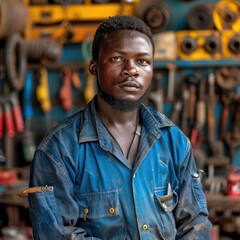 Poster - young African man mechanic working in his workshop. Generative AI.