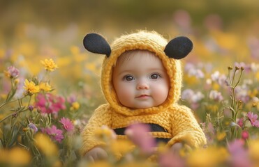 A cute baby dressed as a bee, sitting among vibrant wildflowers in a sunny meadow