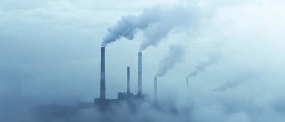 Industrial landscape with tall smokestacks emitting thick smoke, enveloped in heavy fog. The image highlights the impact of industrial pollution on the environment