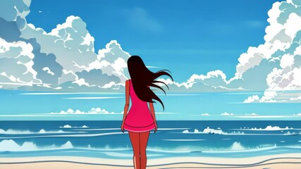 Wall Mural - The girl in the pink dress stands on an endless beach, with blue sky and white clouds.