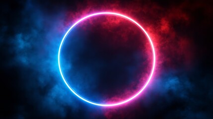 Wall Mural - Neon circle glowing in blue and pink against a dark background