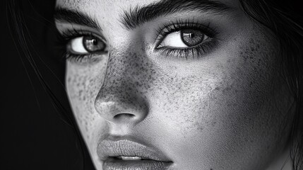 Black and white image of a woman's face with striking, sharp features, showcasing timeless beauty.