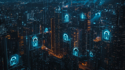 Wall Mural - abstract innovative cyber security network, using interconnected nodes to represent partnerships on the Smart digital Innovation city with connection network reciprocity over the cityscape. of future 